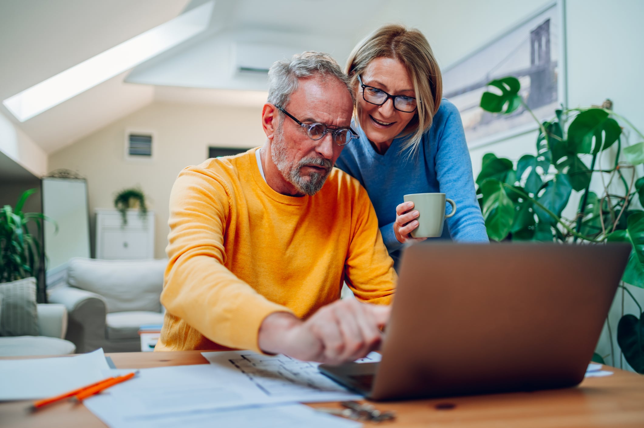 Senior Middle Aged Happy Couple Using Laptop Together At Home