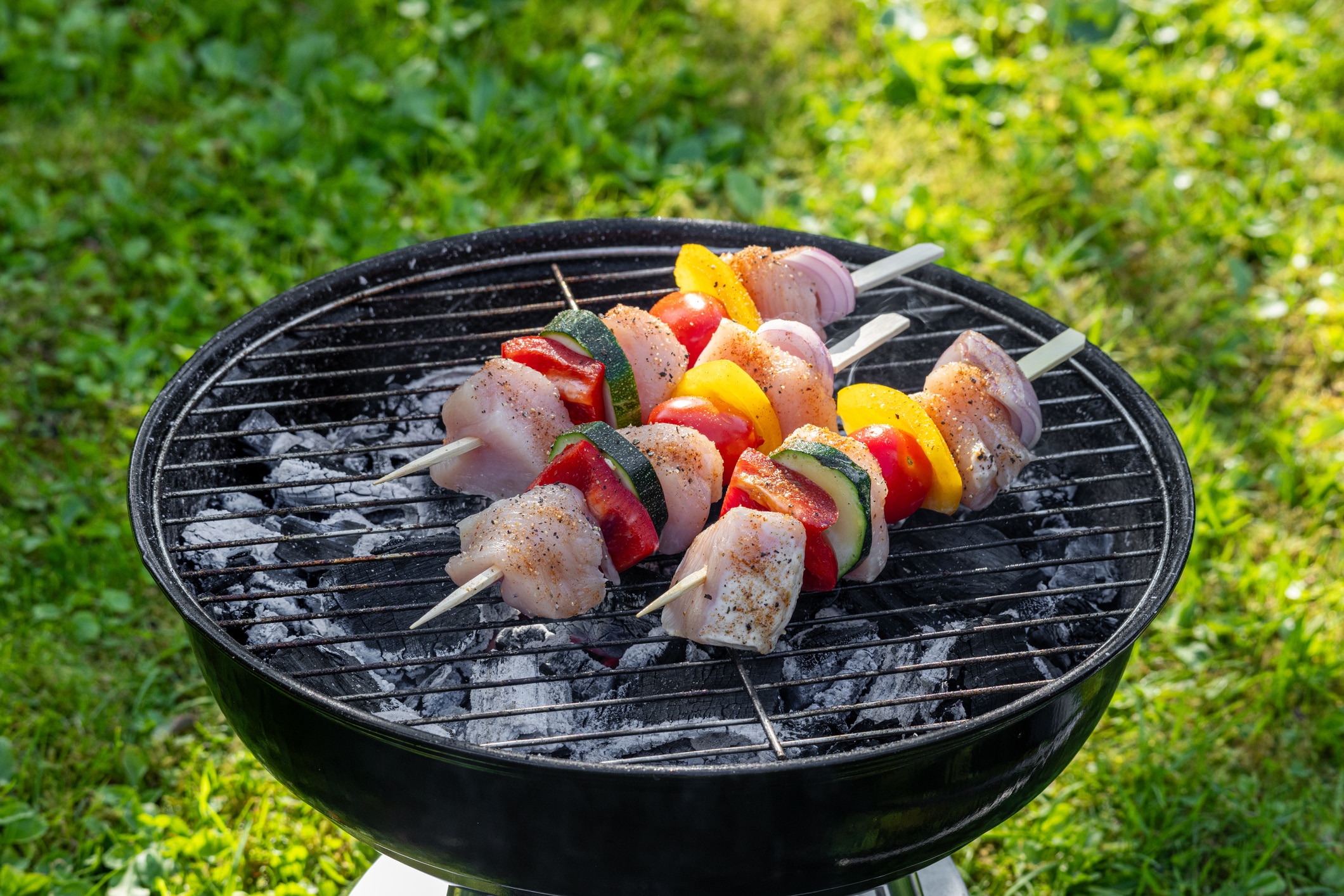 Chicken And Vegetable Skewers On Charcoal Grill