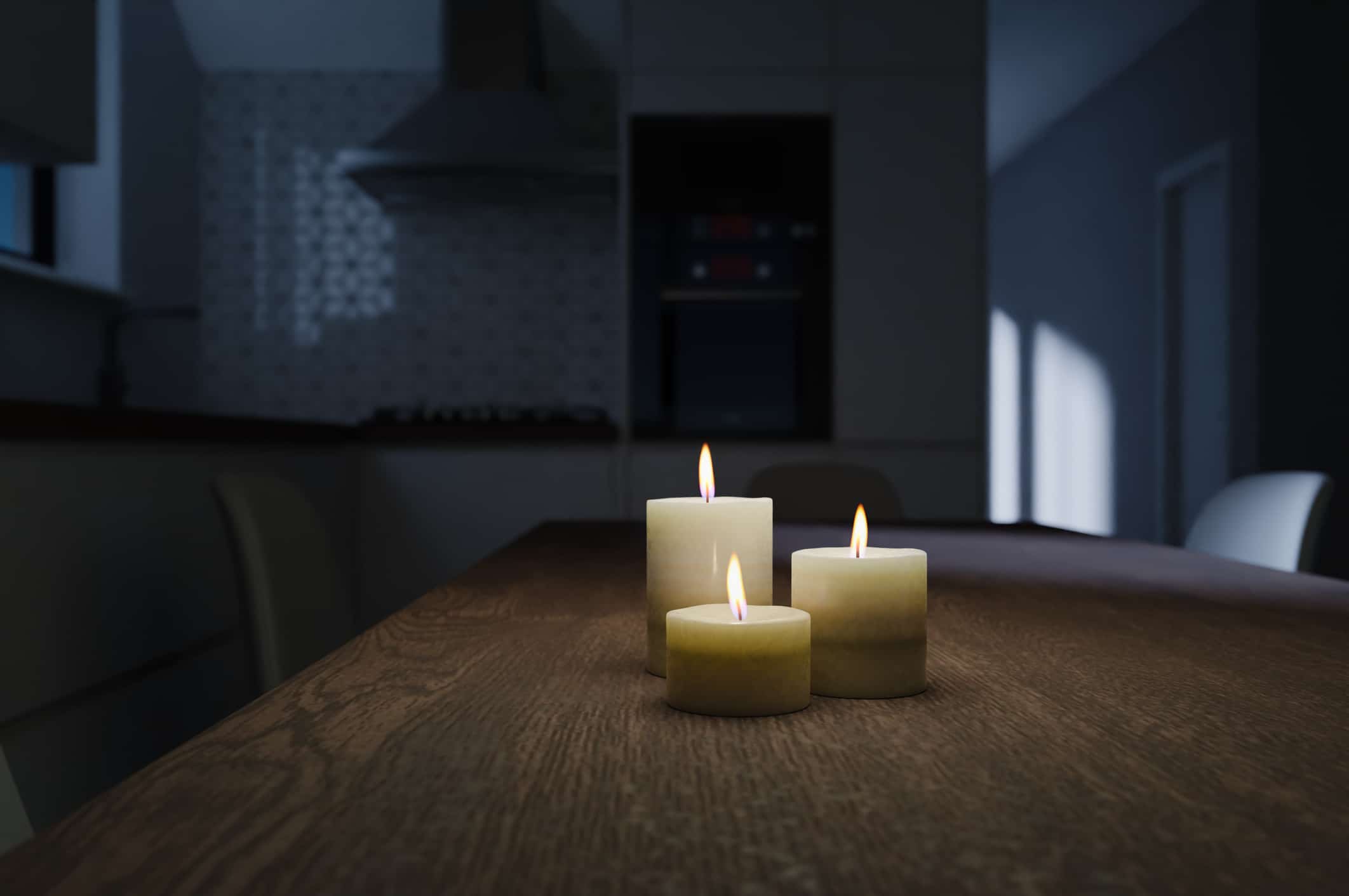 Generic Kitchen Interior At Night With Moon Light And Burning Candles In 3d Rendering. Digital Illustration Of Contemporary Dining Room At Home, Mock Up With Copy Space