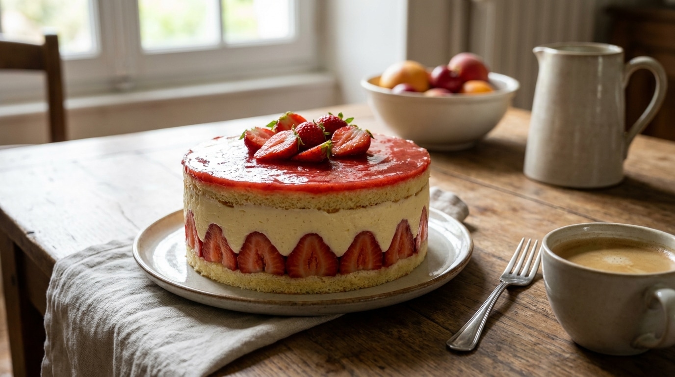 Tu Las Achete En Patisserie Non Ce Fraisier Spectaculaire Cache Une Creme Facile Qui Le Rend Aussi Bon Que Celui En Vitrine Featured