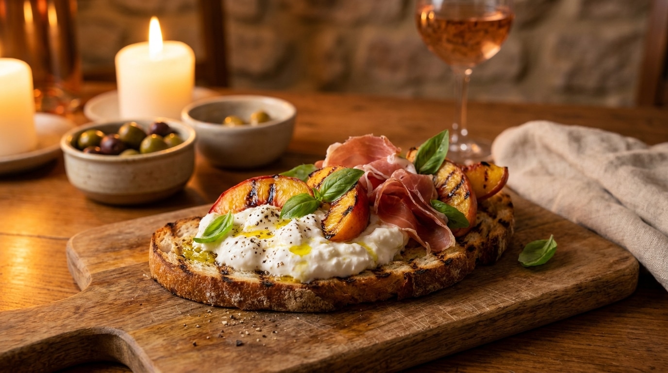 Une Burrata Encore Fraiche Qui Fond Legerement Sur Des Peches Grillees Et Cest Tout Lete Qui Sinvite Lapero Featured