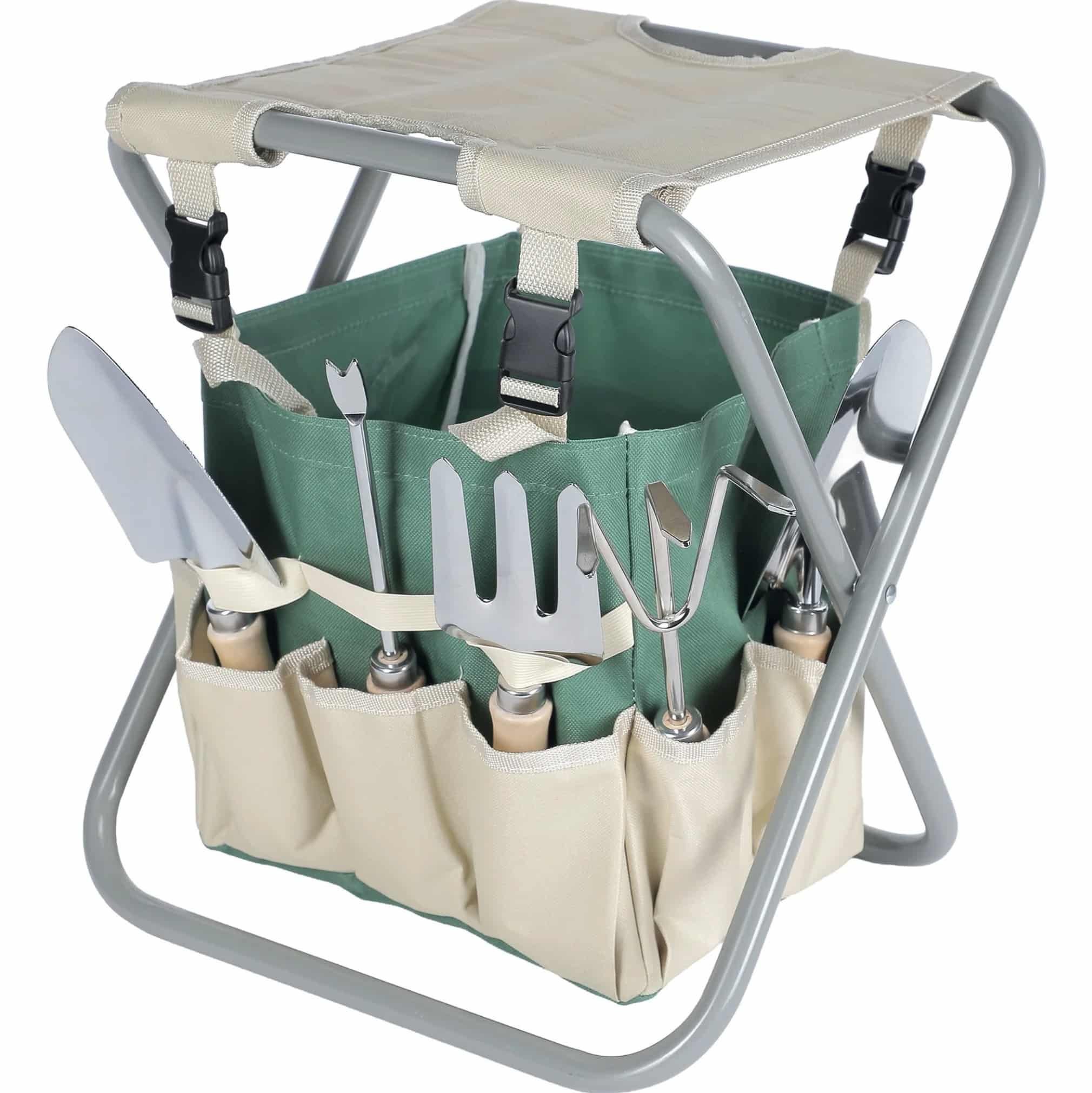 Un siège pliable astucieux qui rassemble vos cinq outils en acier et bois à portée de main