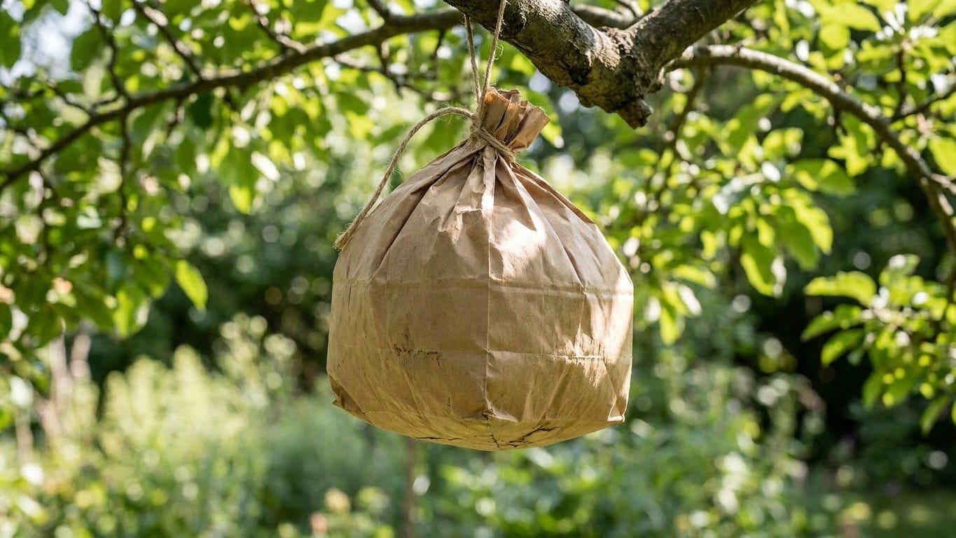 Ce sac en papier kraft froissé suspendu à une branche dès juin suffit à faire fuir les frelons asiatiques de votre jardin ...