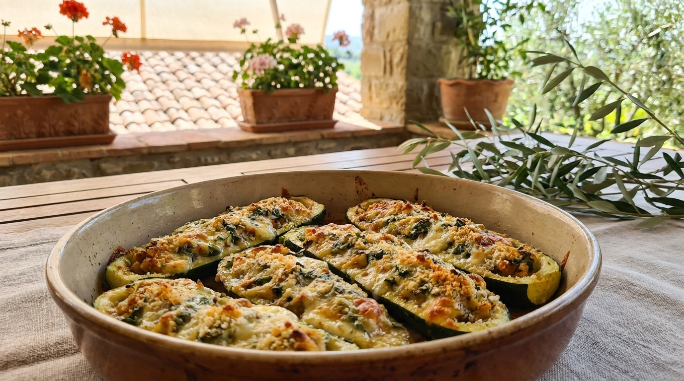 Sous La Chair Fondante Les Courgettes Farcies Allegees Au Four Qui Reveillent Lete Avec Leur Garniture Doree Et Parfumee Featured