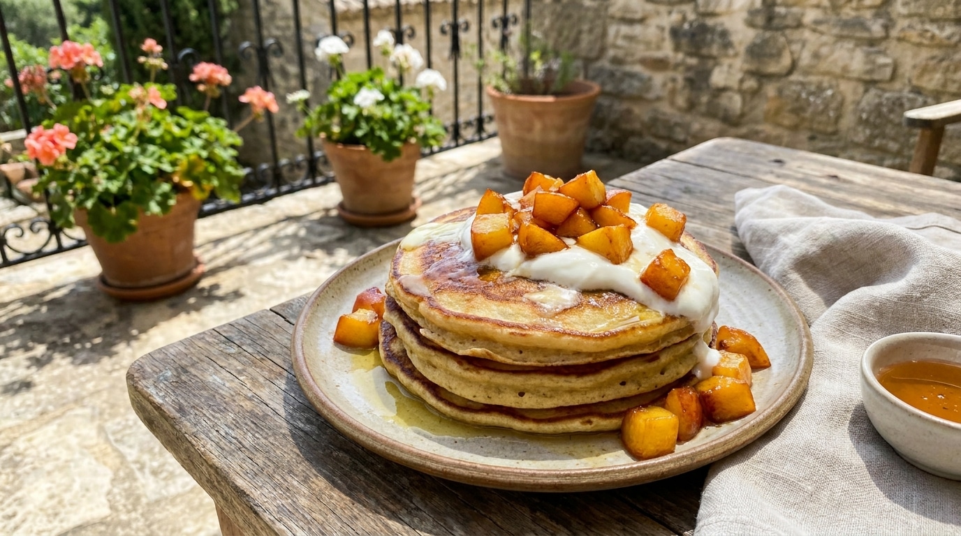 Fini Les Pancakes Secs Qui Semiettent Cette Version Yaourt Grec Et Peches Reste Moelleuse Jusqua La Derniere Bouchee Featured