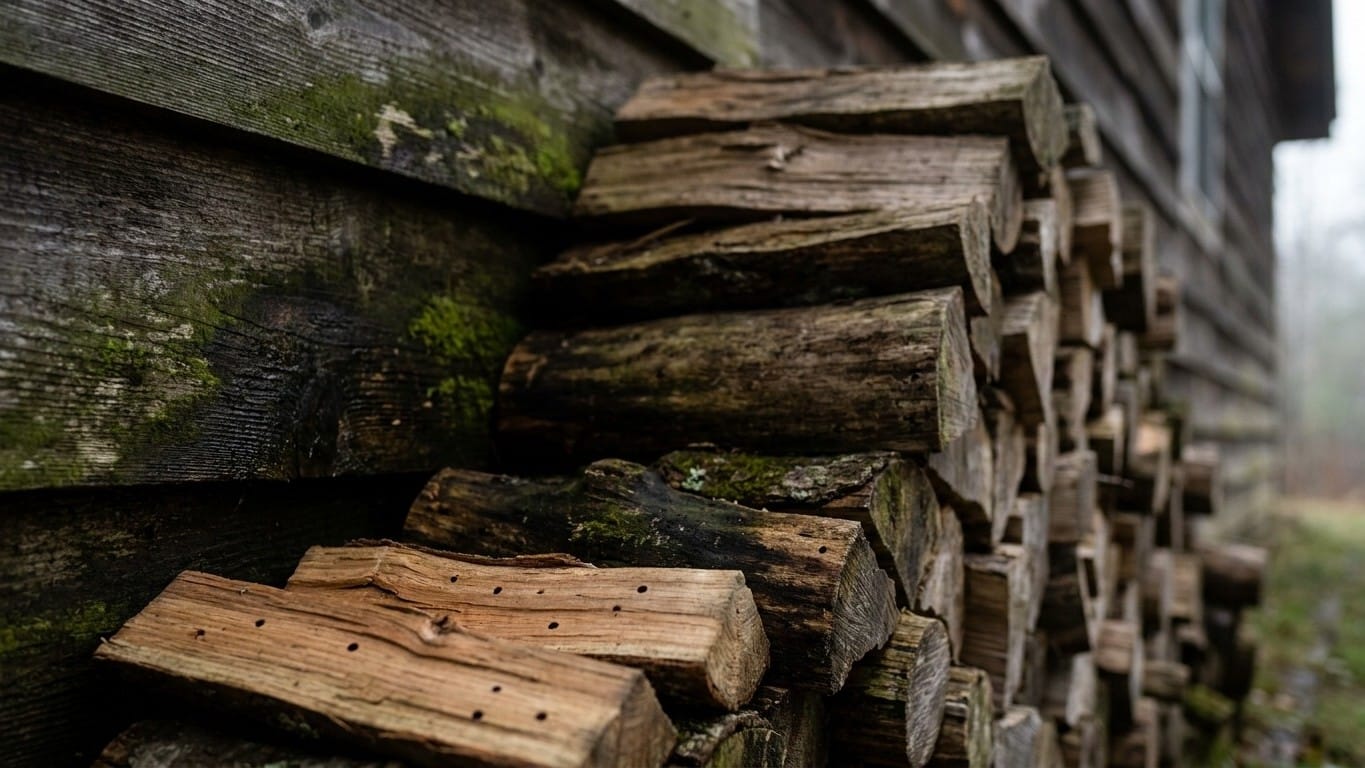 J'ai empilé mes stères contre le mur nord pour que le bois reste bien à l'abri de la pluie : quand j'ai dégagé le tas au p...