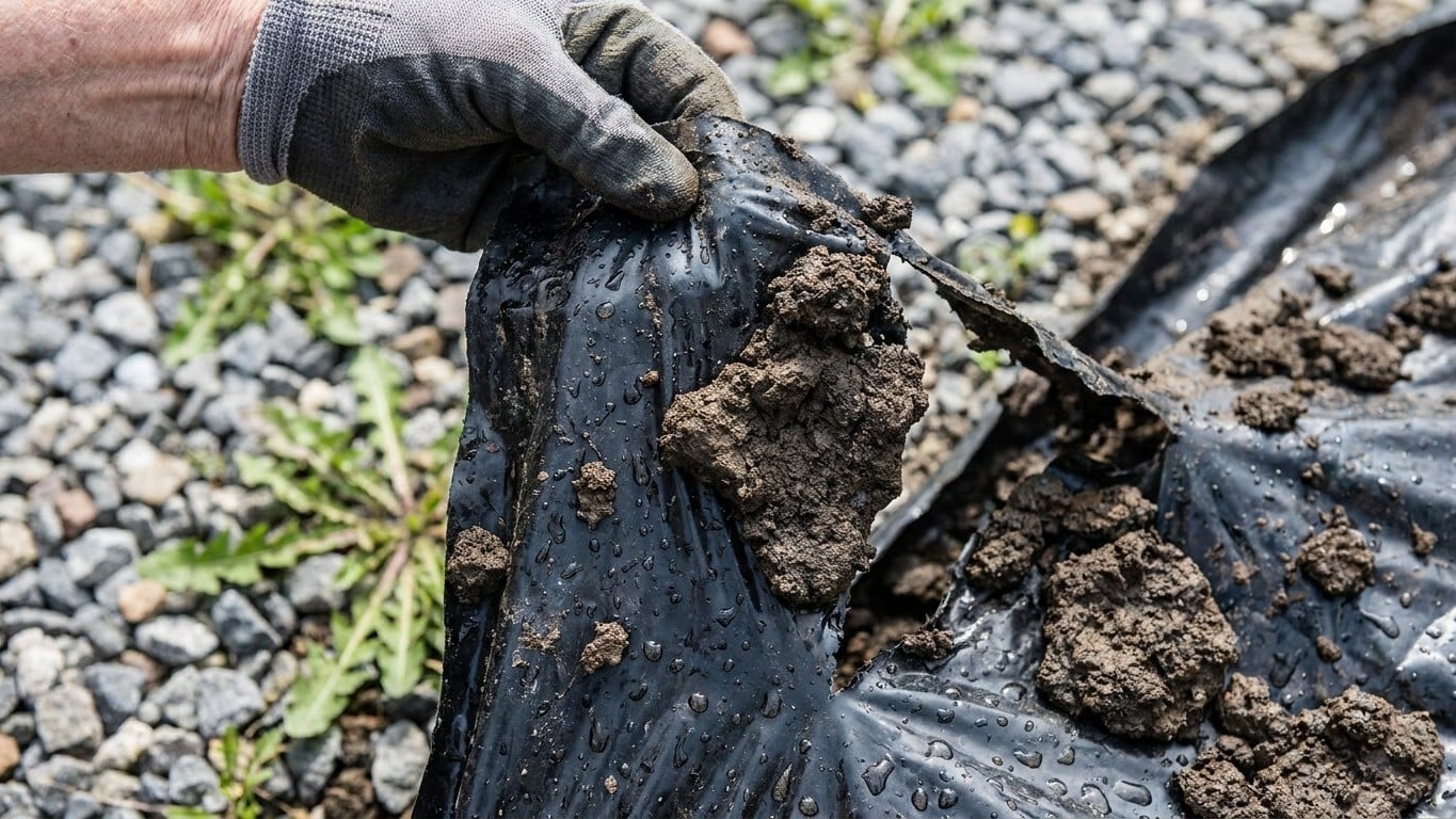 J'ai posé un film plastique sous mes graviers à la place du géotextile pour bloquer les herbes : quand j'ai soulevé les ca...