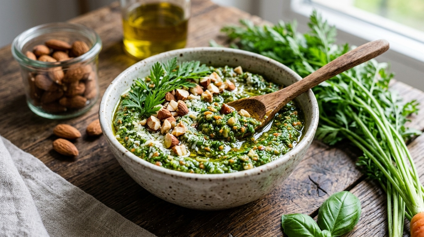 Jai Mixe Mes Fanes De Carottes Avec De Lhuile Et Des Amandes Juste Pour Tester Mes Invites Ont Cru Que Le Pesto Venait Dune Epicerie Italienne Featured