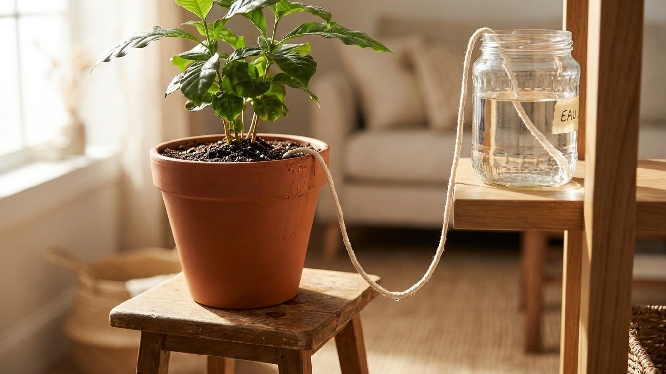 Je confiais mes plantes à ma voisine avant chaque départ : une ficelle nouée entre le pot et un seau d'eau les tient une s...