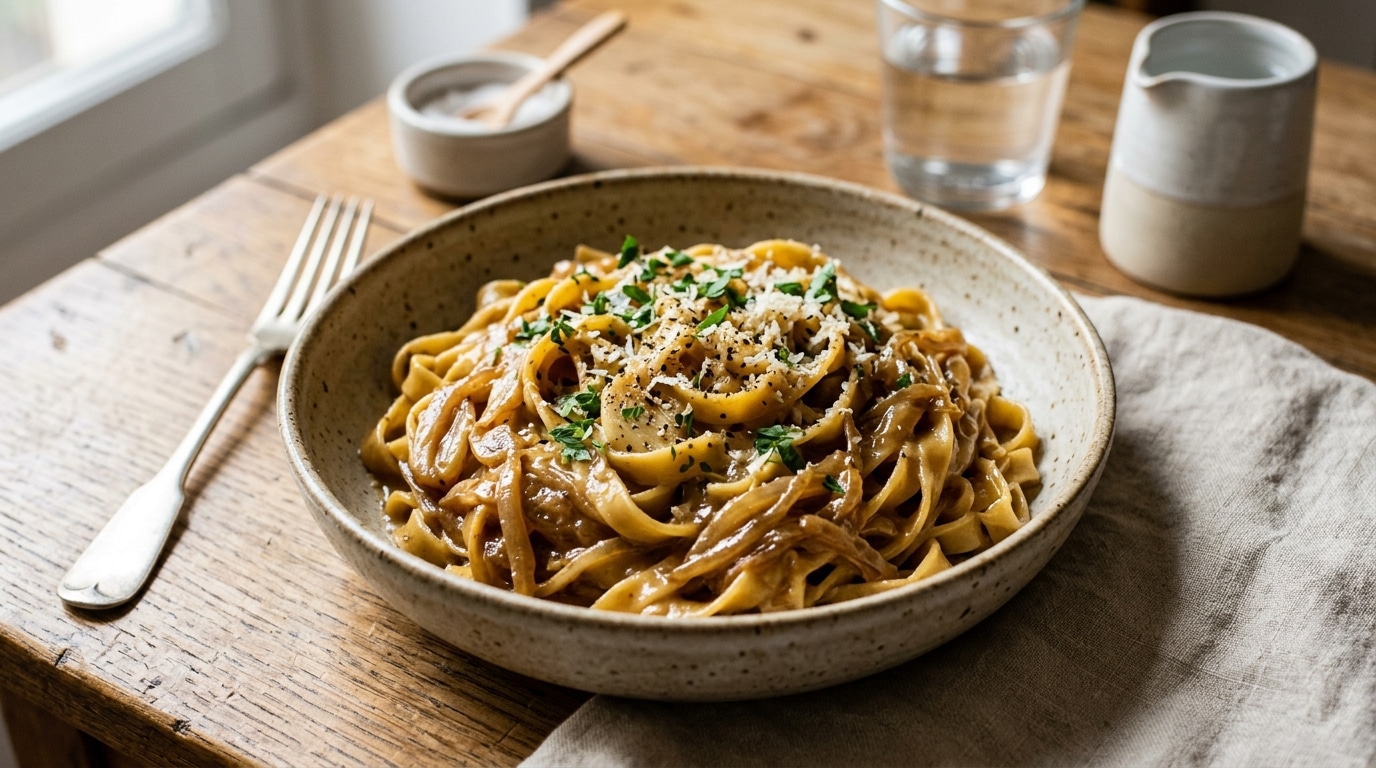 Je Ne Pensais Pas Quun Plat Aussi Simple Pouvait Autant Plaire Mes Pates Aux Oignons Caramelises Meilleures Quune Carbonara Featured