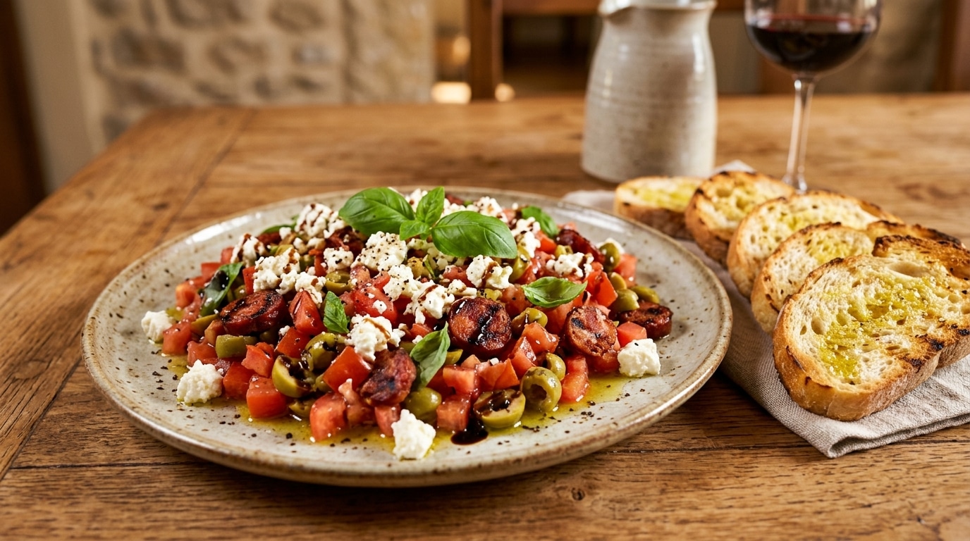 Tomates Olives Chorizo Grille Et Feta Dans Une Seule Assiette Lapero Du Sud Que Tout Le Monde Pioche Jusqua La Derniere Bouchee Featured