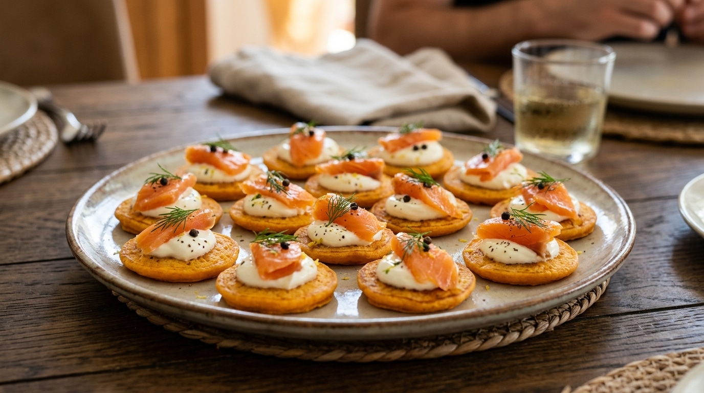 Ces Mini Blinis De Patate Douce Au Fromage Frais Et A La Truite Fumee Donnent Un Apero Colore Sans Demander Des Heures En Cuisine Featured