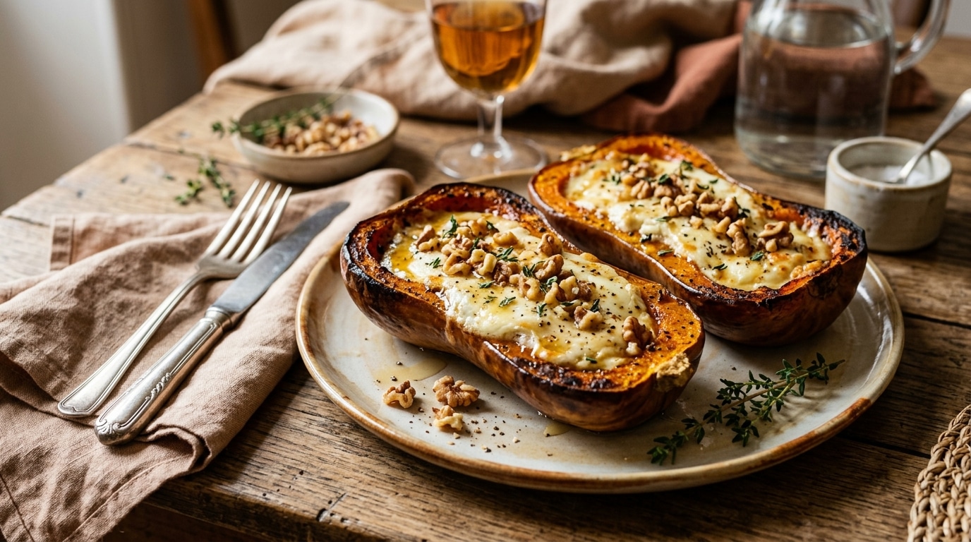 Chevre Et Noix Sinstallent Au Coeur Dune Butternut Rotie Pour Transformer La Courge Dautomne En Diner Franchement Gourmand Et Fondant Featured