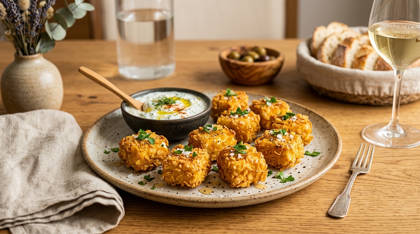 Des Cornflakes Dores Autour Dun Coeur De Feta Ces Petites Bouchees Jouent Sur Le Contraste Des Textures A Lapero Ou En Salade Featured