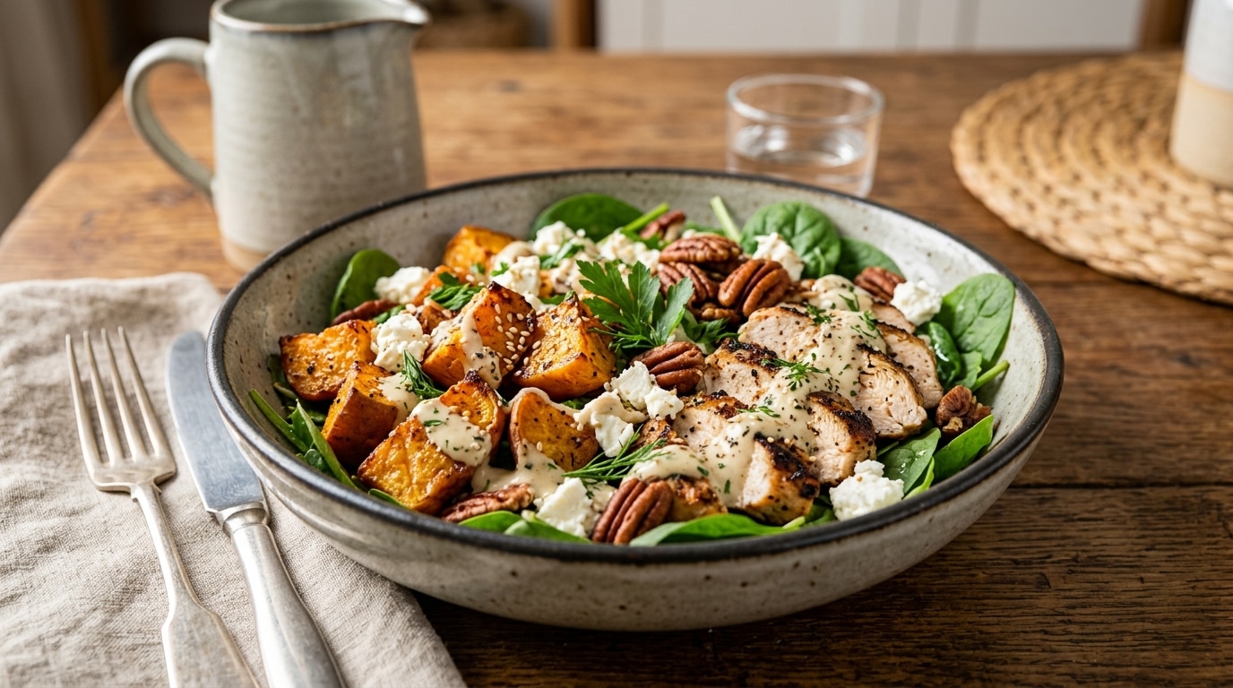 Doree Et Caramelisee Au Four La Patate Douce Rotie Fait De Cette Salade Au Poulet Et A La Feta Lentree La Plus Gourmande De Lautomne Featured
