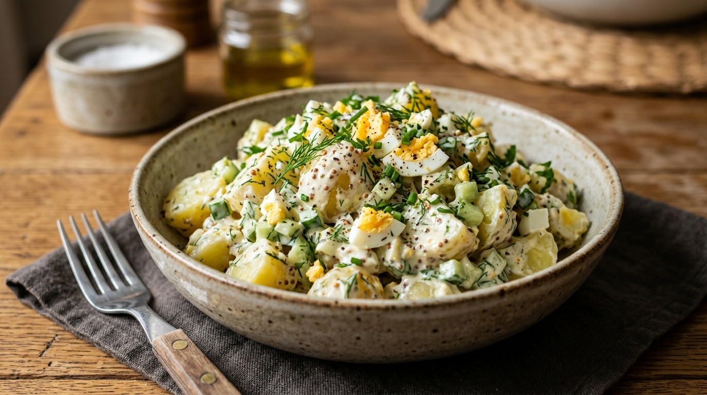 Idéale en entrée fraîche ou en repas léger : ma salade de pommes de terre, œufs écrasés et herbes zéro prise de tête, zéro mayo