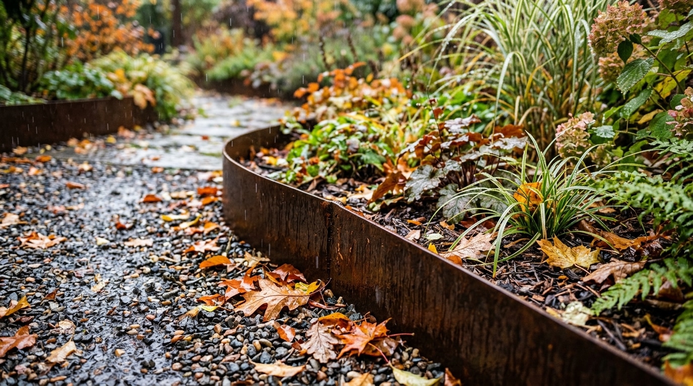 Il A Enterre Ses Bordures En Corten Pour Dessiner Ses Massifs Apres Les Pluies Dautomne Leau Ne Trouvait Plus Ou Partir Featured