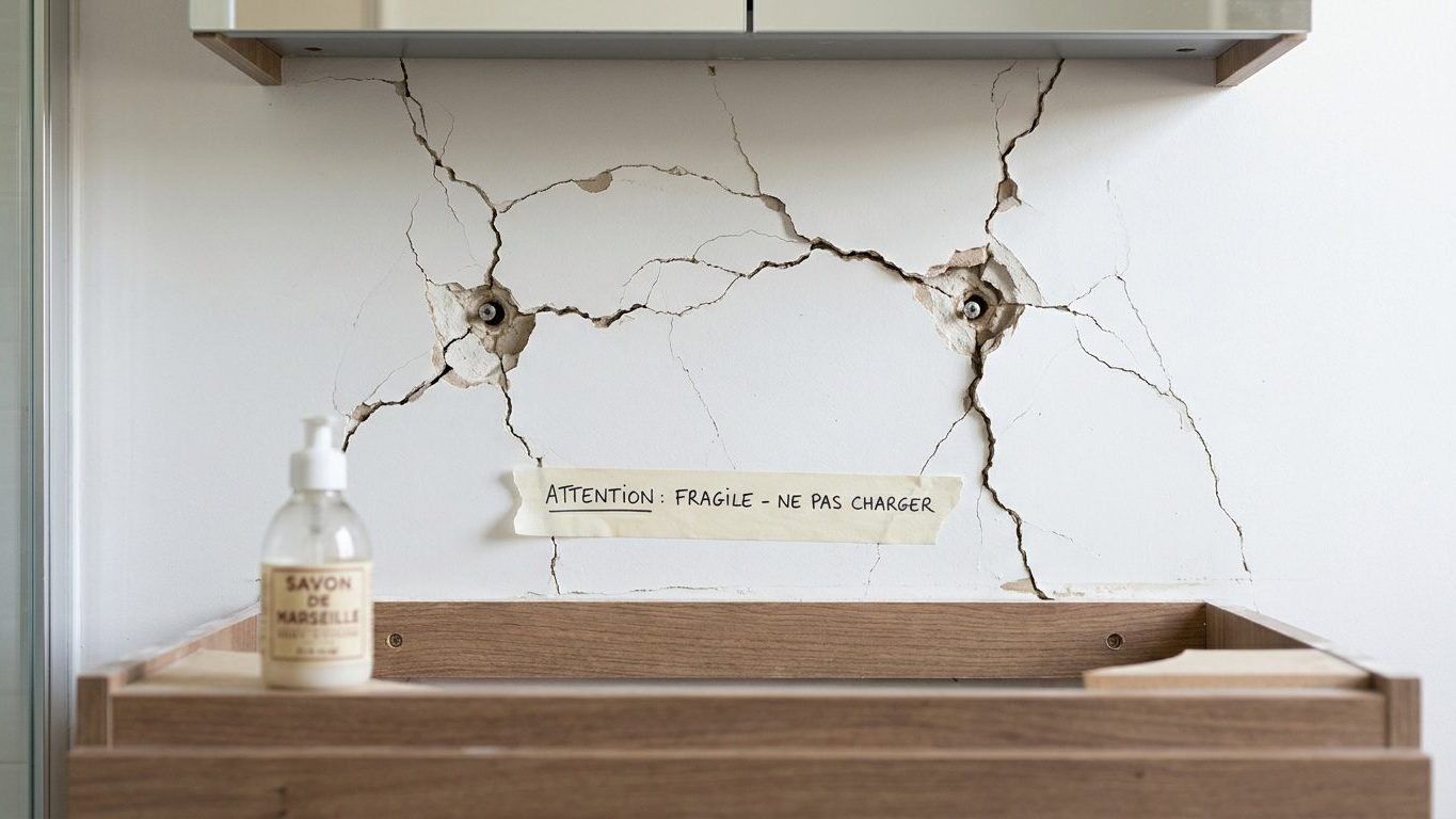 J'ai suspendu mon meuble de vasque au mur juste pour voir le carrelage en dessous : le matin où il a basculé, c'est toute ...