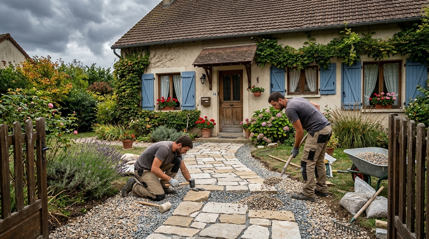 Les Paysagistes Refont Les Allees Avant Les Pluies Doctobre Et Ce Nest Plus Une Dalle De Beton Quils Coulent Devant La Maison Featured