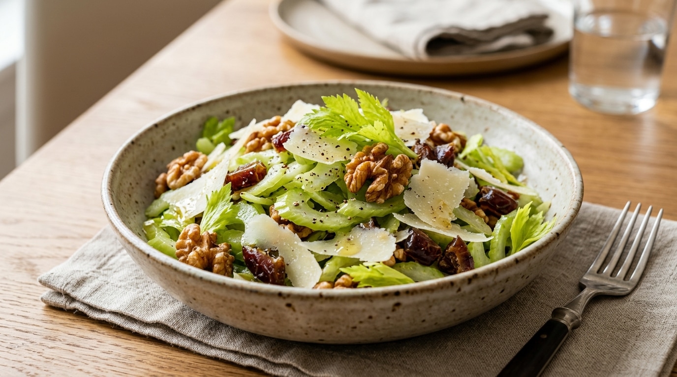 On Ma Redemande La Recette 3 Fois Cette Salade Croquante De Celeri Et De Noix Cache Son Secret Une Poignee De Dattes Et Des Copeaux De Pecorino Featured