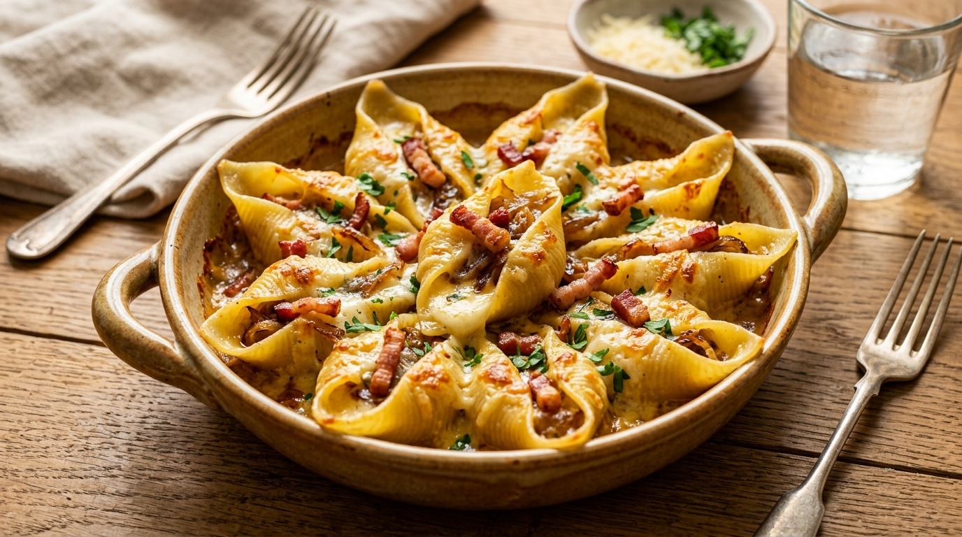 Pates Qui Gratinent Reblochon Qui File Lardons Dores Impossible De Sarreter Apres La Premiere Bouchee De Ces Conchiglioni Facon Tartiflette Featured