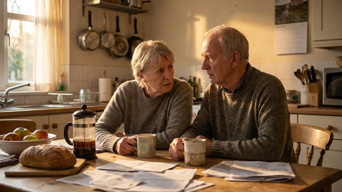 Couple de retraites assis a la table de leur cuisine