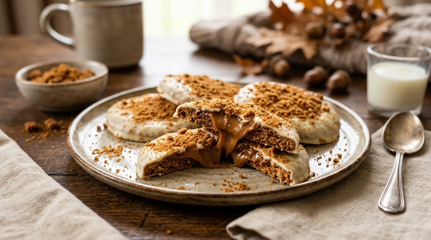 Sous Leur Coque En Chocolat Ces Cookies Biscoff Cachent Un Coeur De Pate A Tartiner Au Speculoos Qui Se Revele Des Le Premier Croc Featured