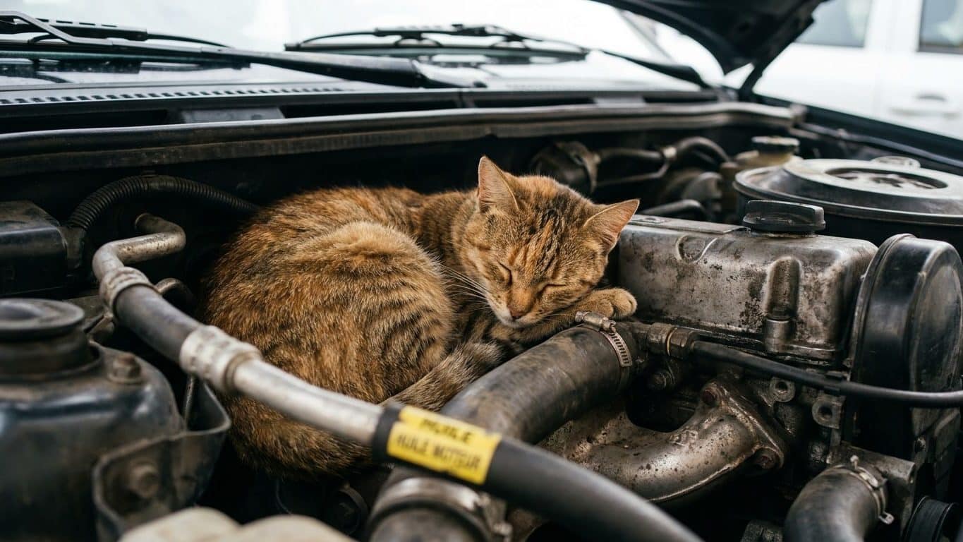 Un chat se glisse dans le moteur encore tiède dès que les nuits fraîchissent, et ce que les vétérinaires demandent de fair...