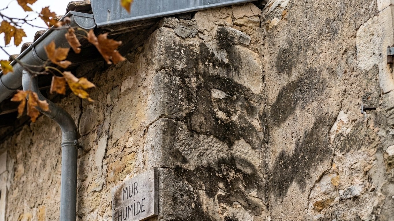 Un mur humide après un automne de feuilles accumulées dans la gouttière commune : le document que le conciliateur de justi...