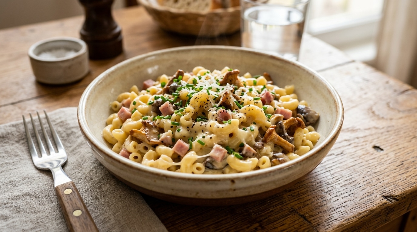 Un Plat Denfance Une Sauce Cremeuse Et Cest Le Regal La Recette Qui Sublime Les Coquillettes Avec Des Champignons Du Jambon Et Du Comte Featured