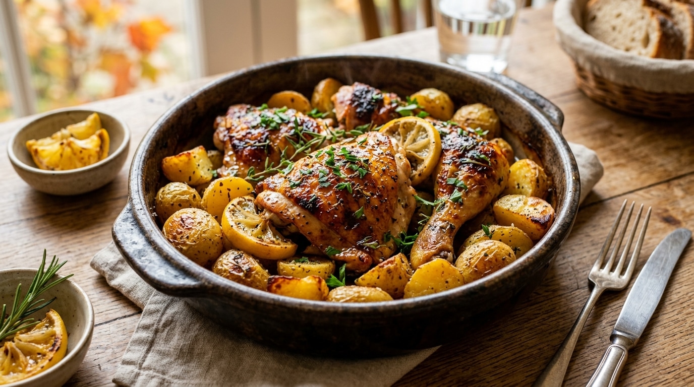 Une Peau Doree Un Jus Gourmand Et Des Pommes De Terre Roties Ce Poulet Au Citron Et Au Miel A Tout Pour Vous Plaire Featured