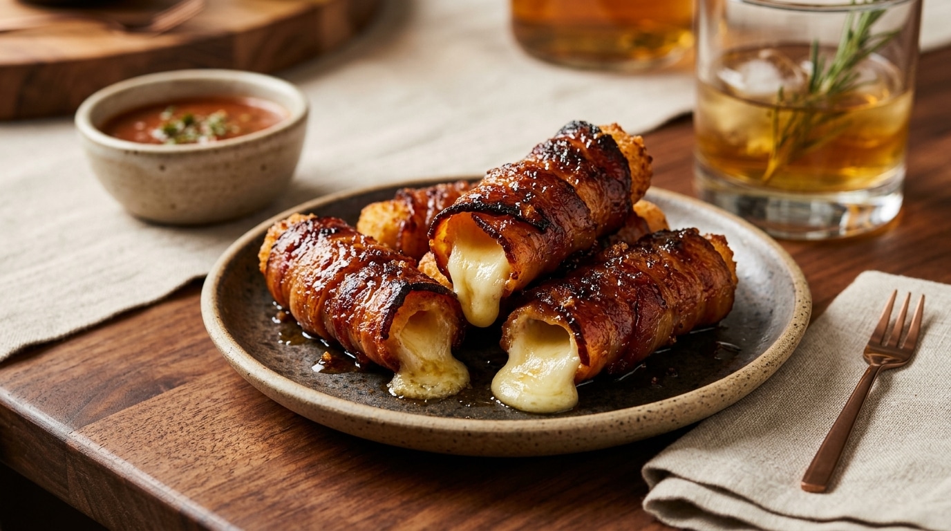 Croustillants Dehors Filants Dedans Ces Batonnets De Mozza Enroules De Bacon Et Caramelises Au Sucre Roux Volent Toujours La Vedette A Lapero Featured