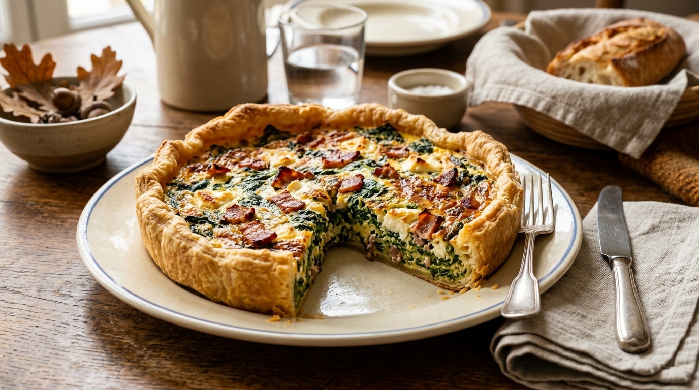 Des Epinards Du Chevre Et Des Lardons Fumes Cette Quiche Doree Reconforte Avec Les Soirs Frisquets Ou Le Frigo Est Presque Vide Featured