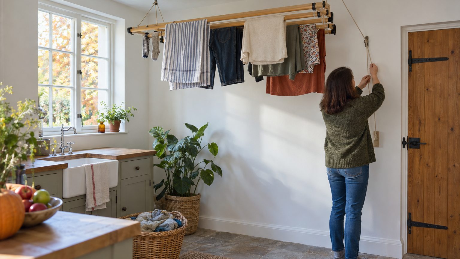 Elle a remplacé son étendoir par quelques lattes, une corde et deux poulies : à la première lessive, une drôle de surprise...