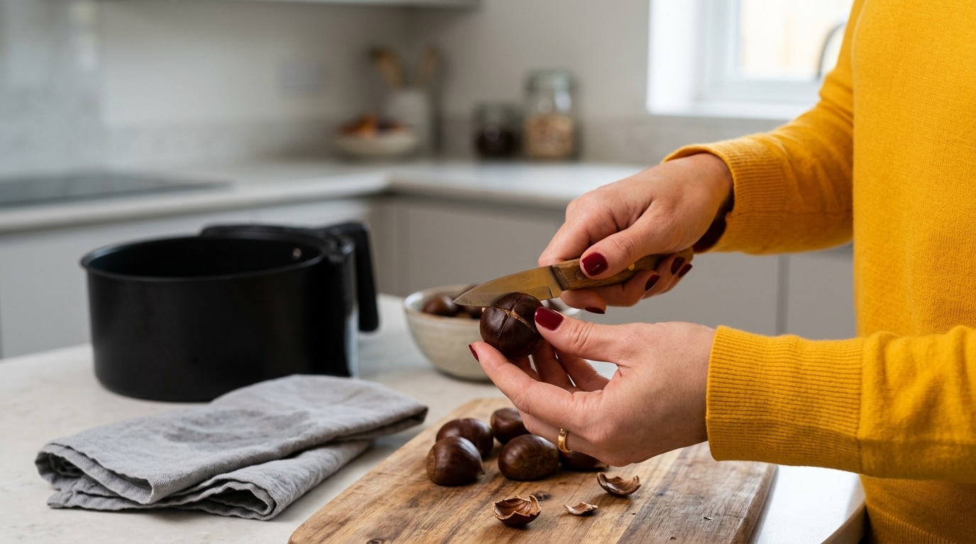 Fini La Poele Percee Qui Enfume La Cuisine Chaque Automne Desormais Mes Chataignes Passent A Lairfryer Et La Petite Peau Part Avec La Coque Sans Casse Tete Featured