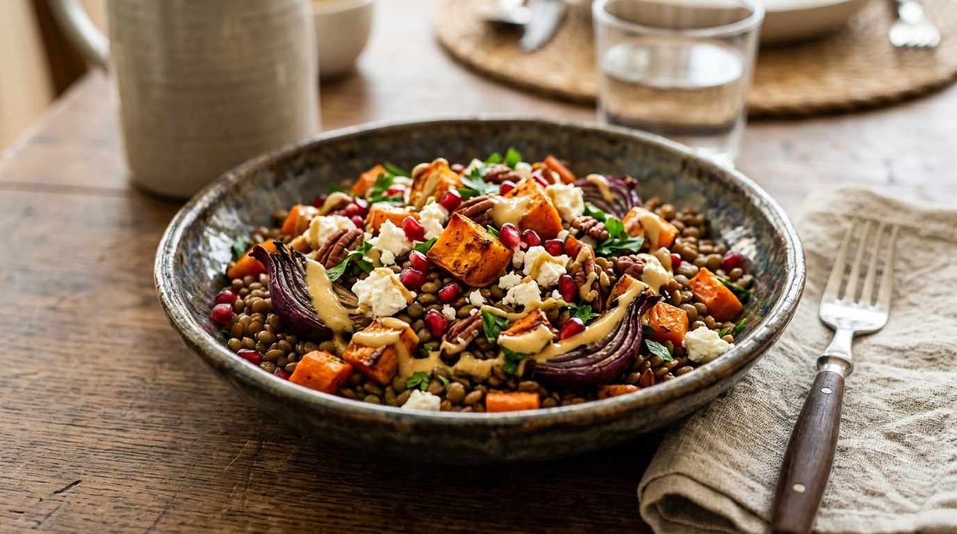 Fini La Salade De Lentilles Froide De Nos Grands Meres Cet Automne Je La Sers Tiede Avec Des Legumes Rotis De La Feta Et Une Sauce Douce Featured