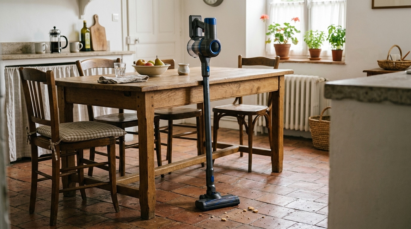 Fini Le Grand Aspirateur Traine Dune Piece A Lautre Pour Trois Miettes Desormais Un Aspirateur Balai Attend A Cote De La Table De La Cuisine Featured