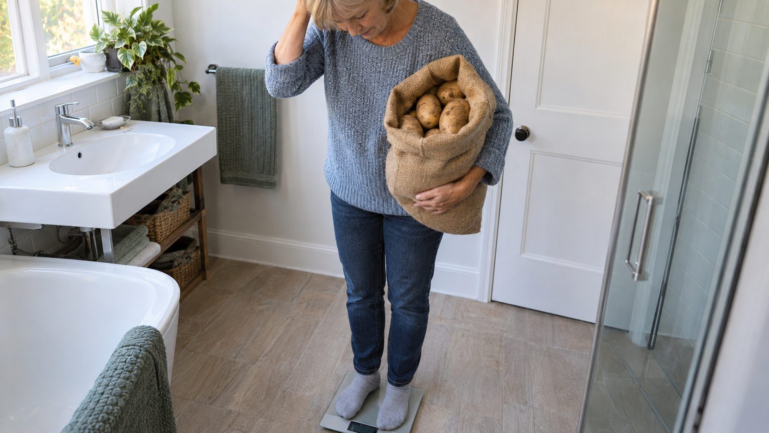 J'ai acheté au marché un sac de 25 kg de pommes de terre de garde pour l'hiver : posé sur la balance de la salle de bains,...