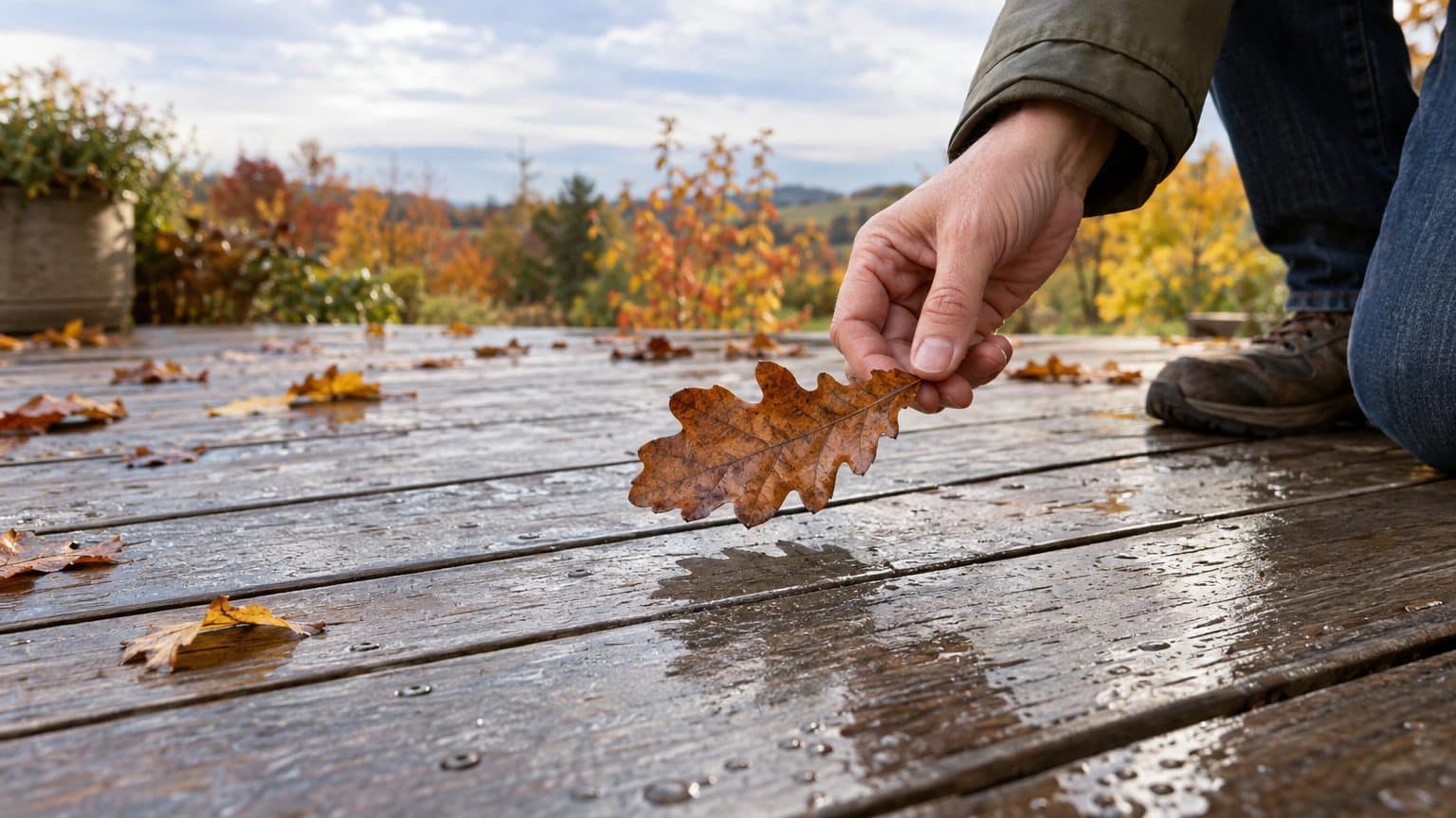 J'ai attendu la fin de la pluie pour balayer les feuilles de chêne sur ma terrasse en bois : en les soulevant, j'ai compris