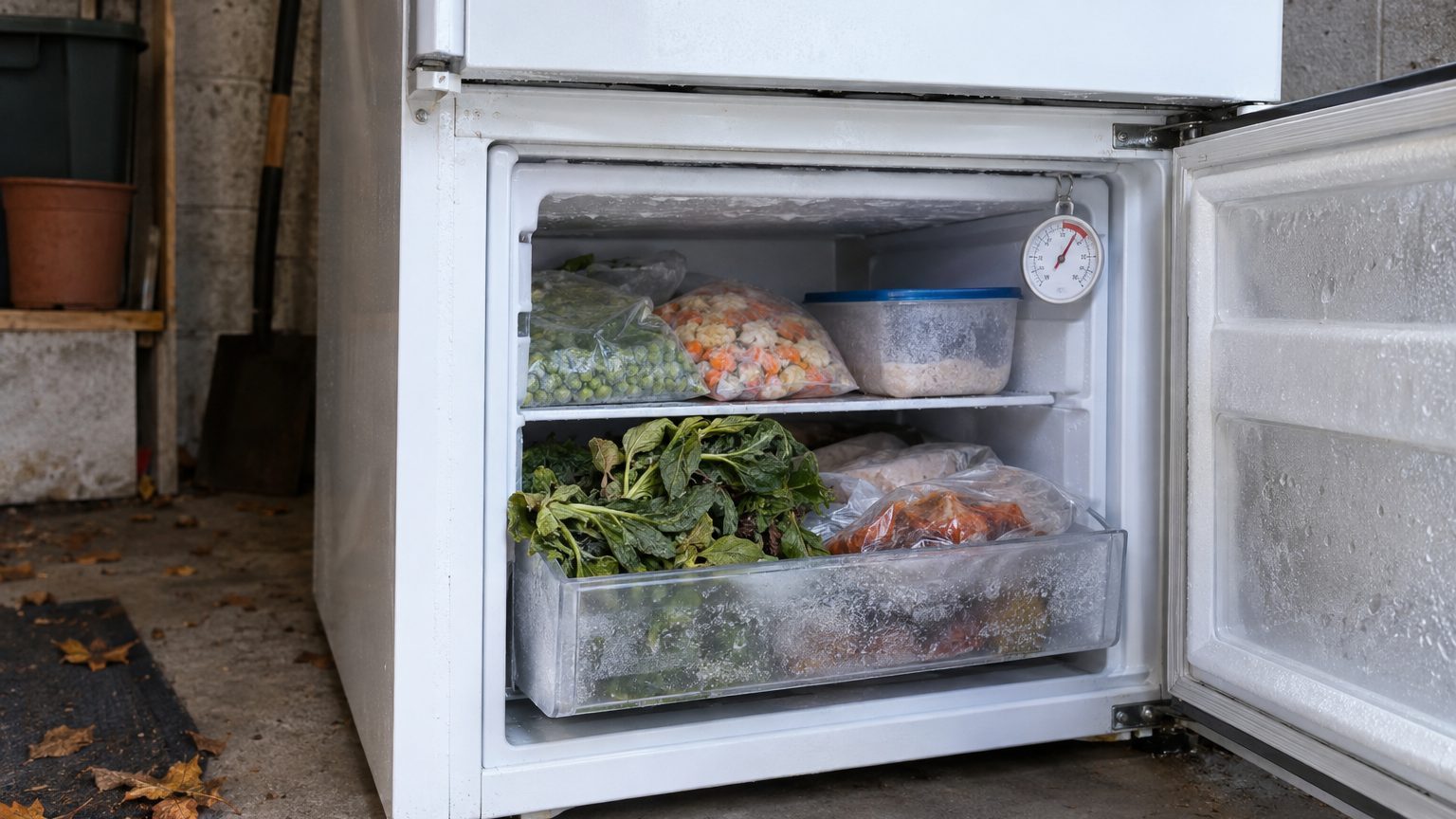 J'ai installé mon ancien frigo-congélateur au garage pour y ranger les légumes du potager : au premier matin froid, le con...