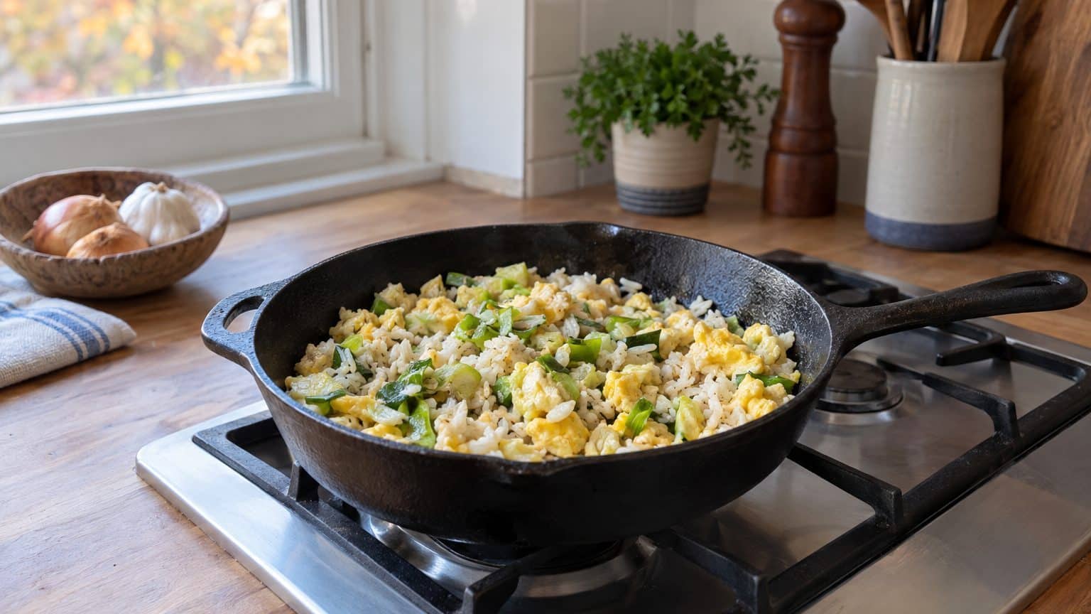 « Je le fais chaque soir de flemme » : un bol de riz de la veille, du vert de poireau et du persil : ce riz frit aux œufs ...