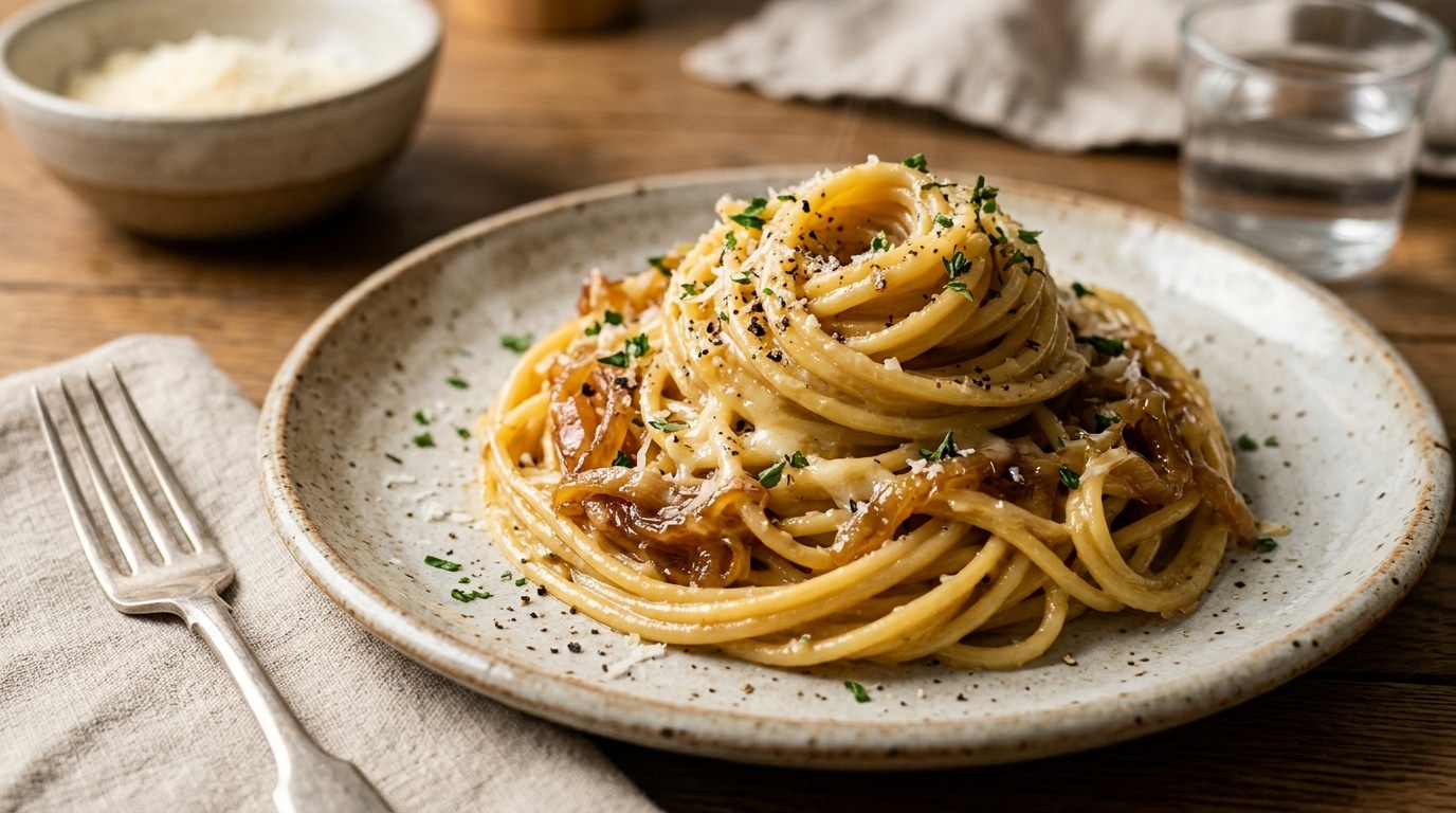 Je Ne Fais Plus De Sauce Tomate Le Mercredi Soir Mes Petits Enfants Reclament Desormais Mes Spaghetti Aux Oignons Caramelises Au Miel Et Au Parmesan Featured