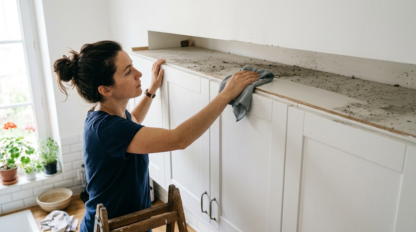 Je Voulais Supprimer Le Nid A Poussiere Au Dessus De Mes Meubles De Cuisine Cet Amenagement A Regle Le Probleme Sans Alourdir La Piece Featured