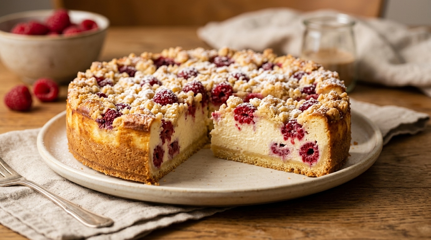 Mon Gateau Prefere Du Dimanche Ce Cousin Allemand Du Cheesecake Sur Une Pate Sablee Et Sous Un Crumble Aux Framboises Featured