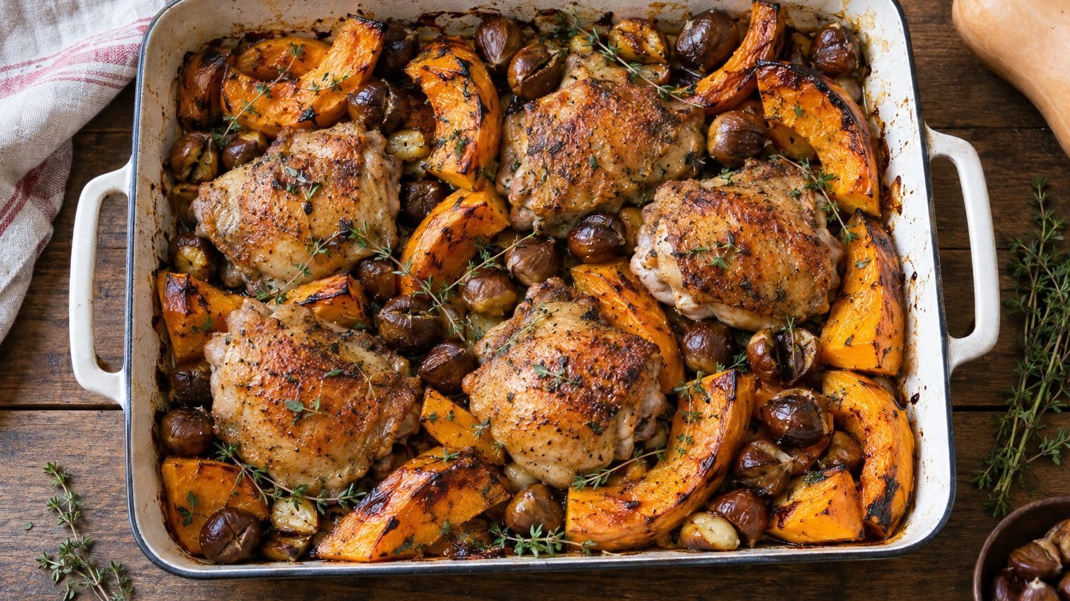 Tout part au four sur la même plaque : poulet, potimarron et châtaignes, et le dîner se fait tout seul pendant que vous me...